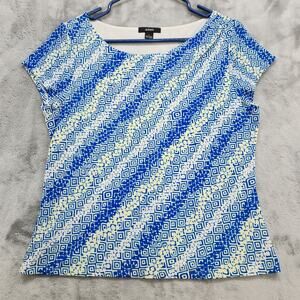 Vintage Alfani Top Womens L Blue White Yellow Diagonal Stripes Mesh Short Sleeve